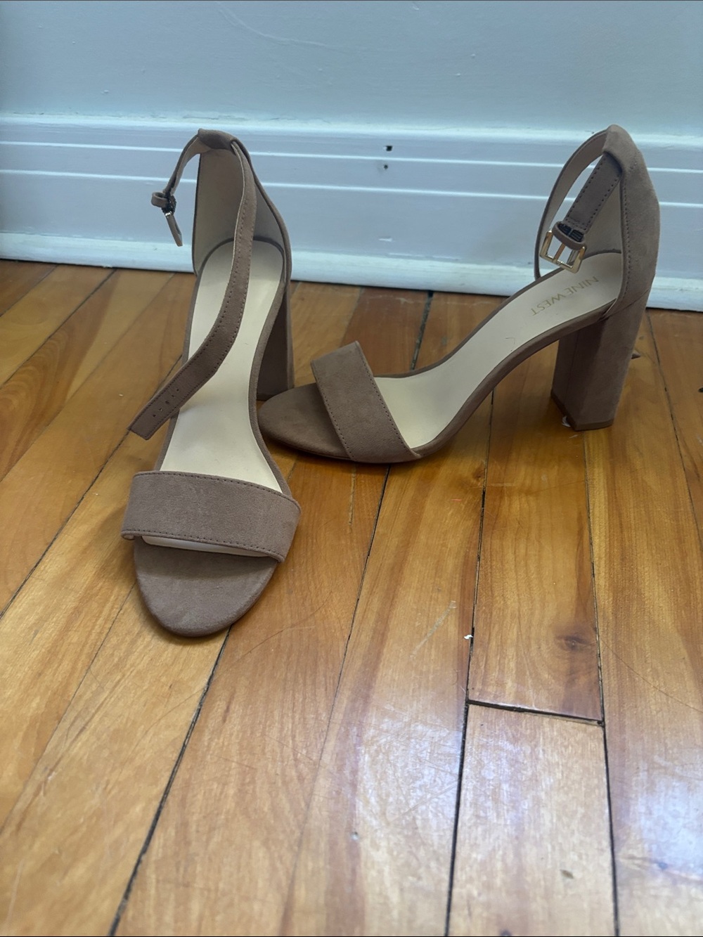 Nine West Tan Suede Ankle-Strap Block Heels